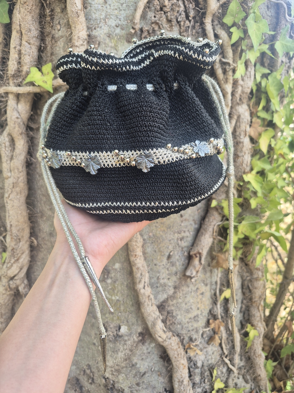 Black Crochet Drawstring Bucket Bag with Silver Trim